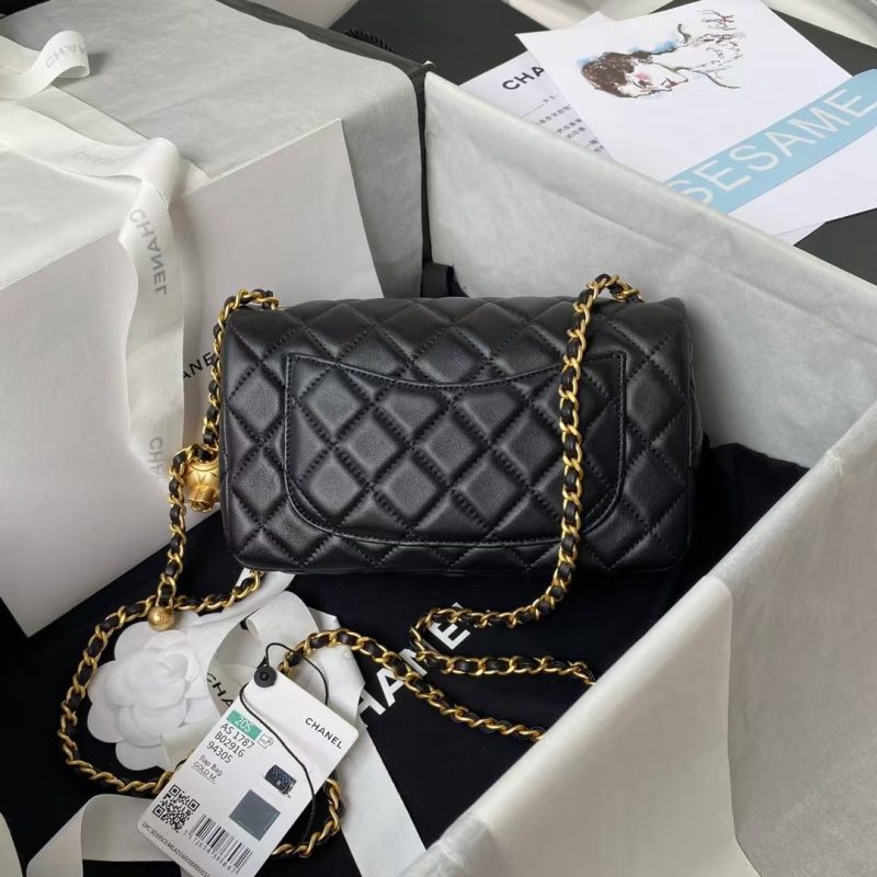 Chanel 23K AS1787 Mini Pearl Embossed Rectangular Flap Bag Lambskin Brushed Metal Hardware Black - Image 2
