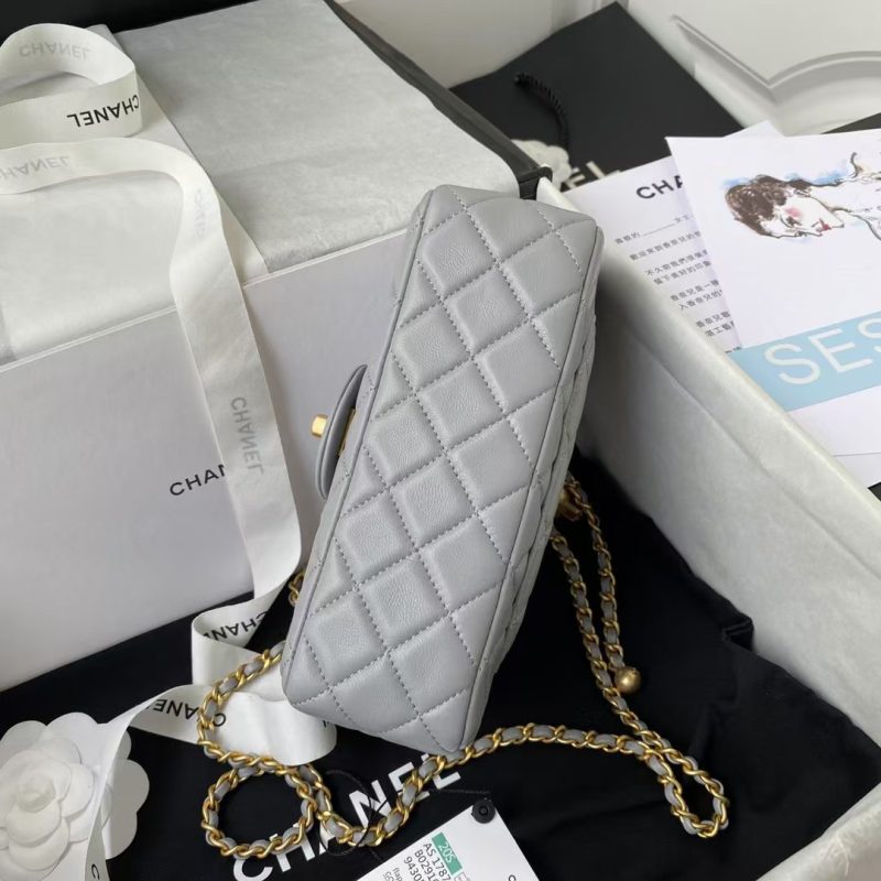 Chanel 23K AS1787 Mini Pearl Embossed Rectangular Flap Bag Lambskin Brushed Metal Hardware Light Grey - Image 5