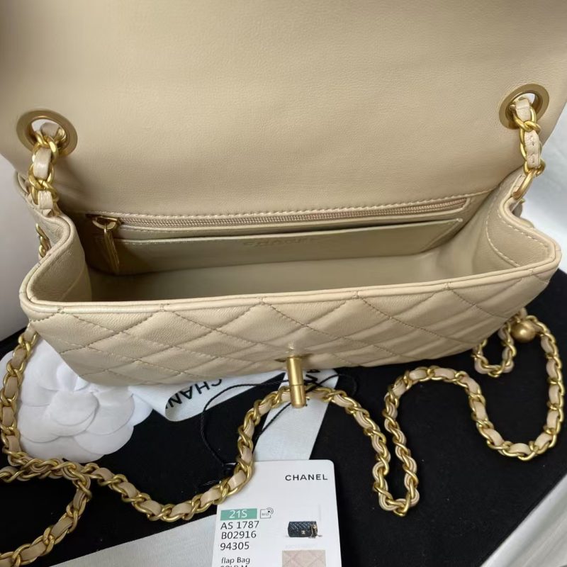 Chanel 23K AS1787 Mini Pearl Embossed Rectangular Flap Bag Lambskin Brushed Metal Hardware Apricot - Image 6