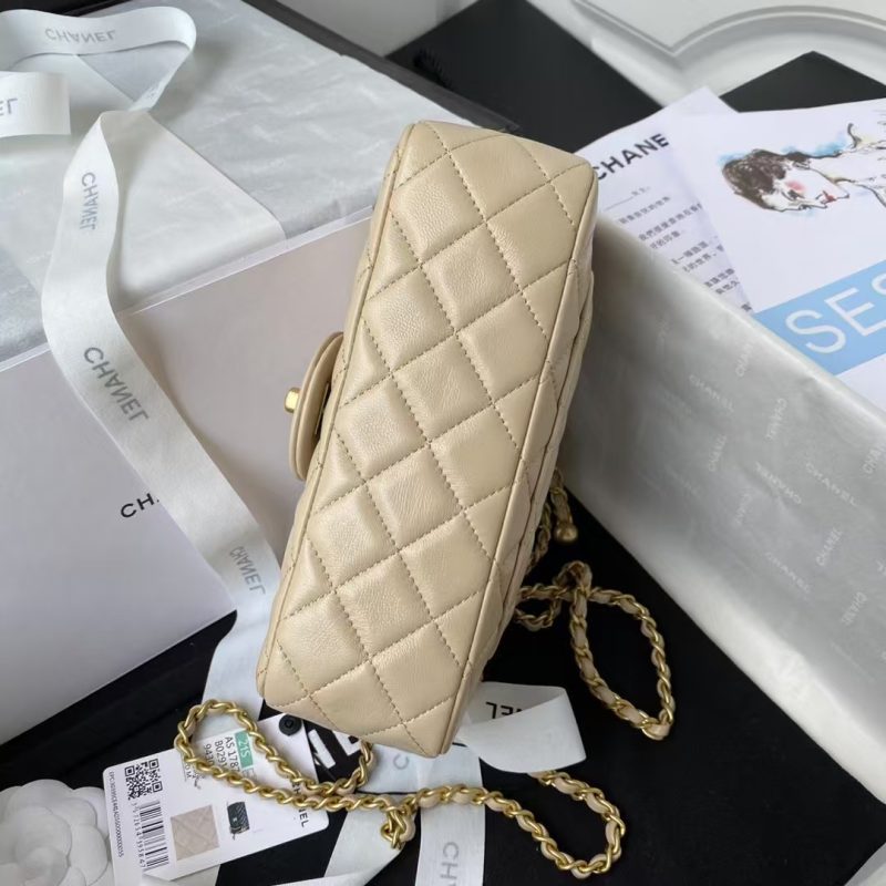 Chanel 23K AS1787 Mini Pearl Embossed Rectangular Flap Bag Lambskin Brushed Metal Hardware Apricot - Image 5