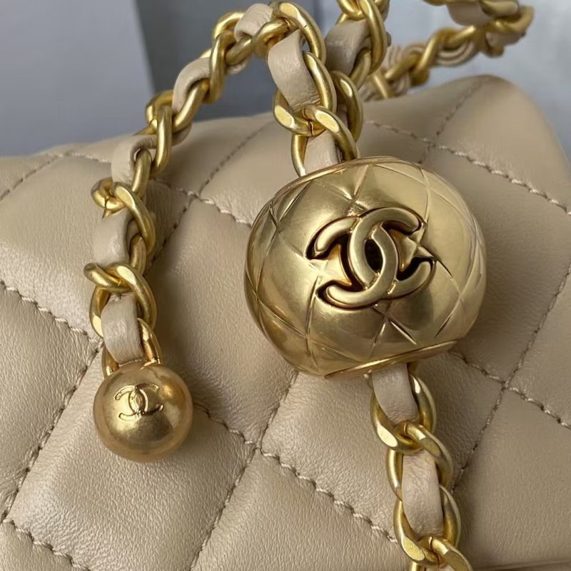 Chanel 23K AS1787 Mini Pearl Embossed Rectangular Flap Bag Lambskin Brushed Metal Hardware Apricot - Image 7