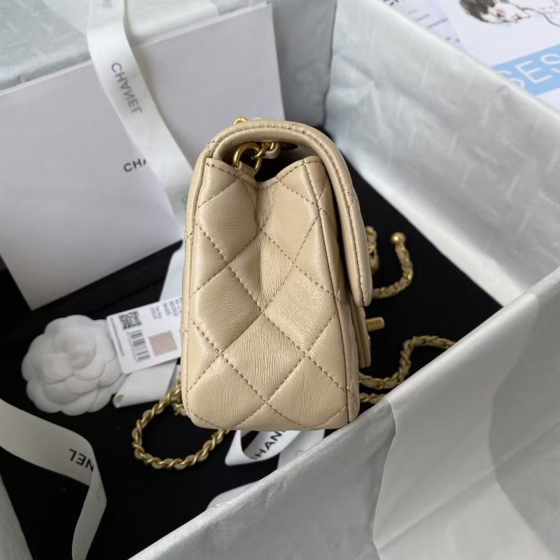 Chanel 23K AS1787 Mini Pearl Embossed Rectangular Flap Bag Lambskin Brushed Metal Hardware Apricot - Image 4
