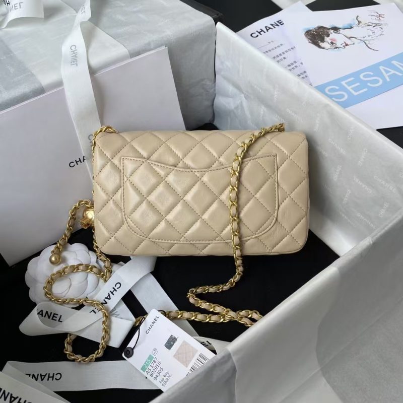 Chanel 23K AS1787 Mini Pearl Embossed Rectangular Flap Bag Lambskin Brushed Metal Hardware Apricot - Image 2