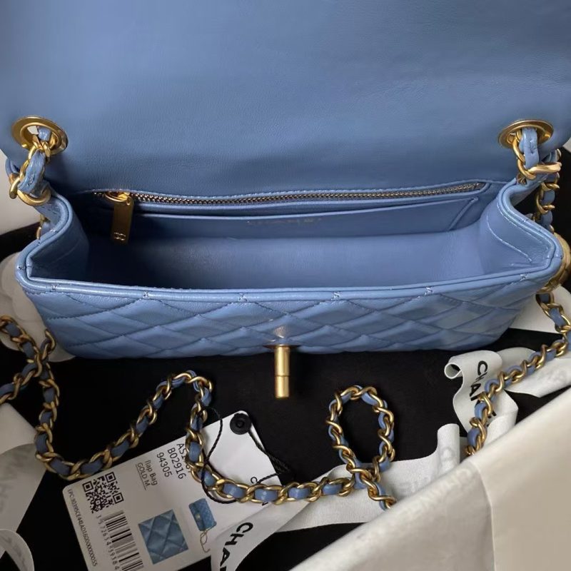 Chanel 23K AS1787 Mini Pearl Embossed Rectangular Flap Bag Lambskin Brushed Metal Hardware Blue - Image 6