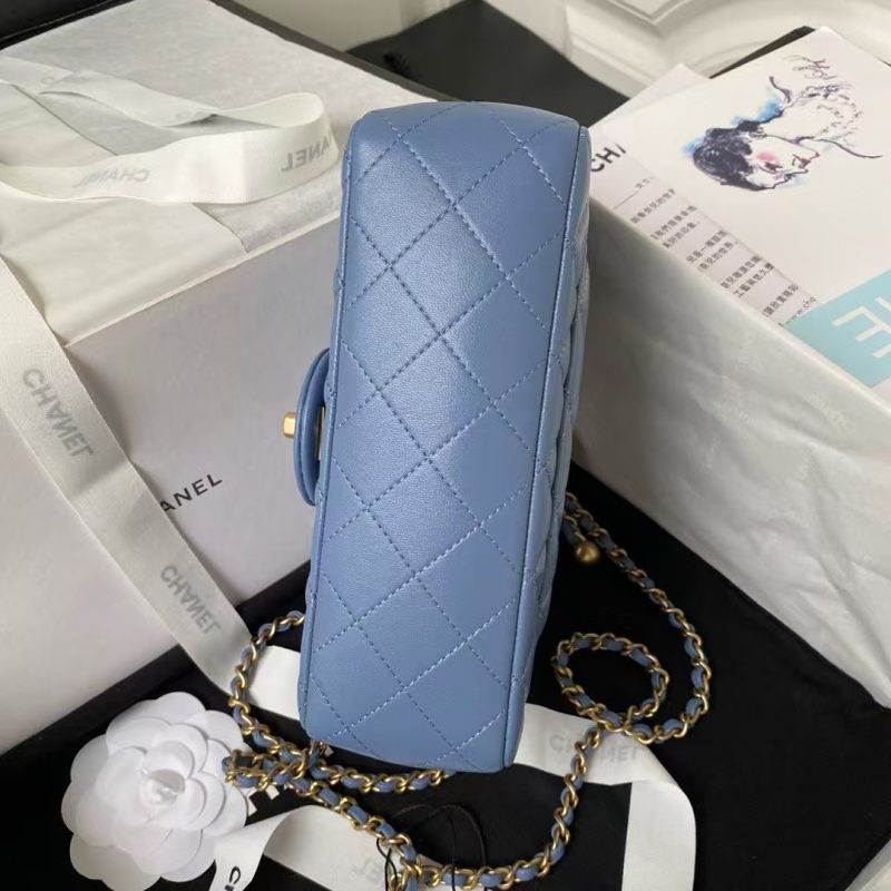 Chanel 23K AS1787 Mini Pearl Embossed Rectangular Flap Bag Lambskin Brushed Metal Hardware Blue - Image 5