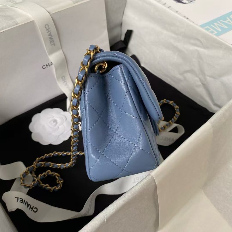 Chanel 23K AS1787 Mini Pearl Embossed Rectangular Flap Bag Lambskin Brushed Metal Hardware Blue - Image 4