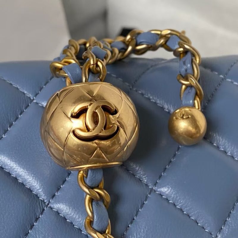 Chanel 23K AS1787 Mini Pearl Embossed Rectangular Flap Bag Lambskin Brushed Metal Hardware Blue - Image 7