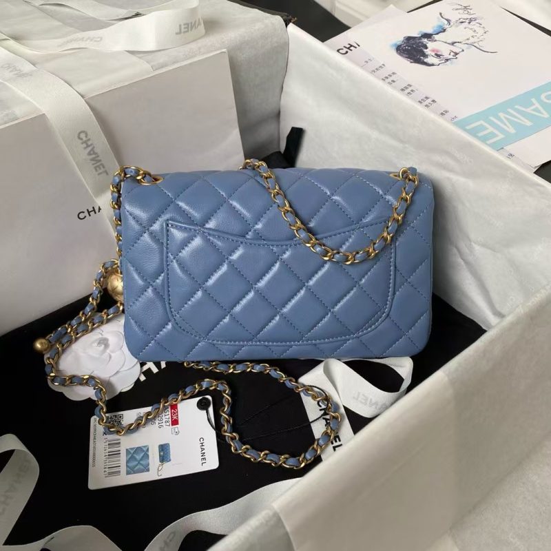 Chanel 23K AS1787 Mini Pearl Embossed Rectangular Flap Bag Lambskin Brushed Metal Hardware Blue - Image 2
