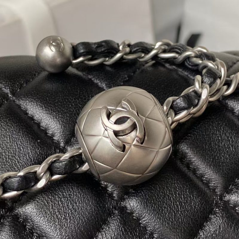 Chanel 23K AS1787 Mini Pearl Embossed Rectangular Flap Bag Lambskin Brushed Silver Metal Hardware Black - Image 7