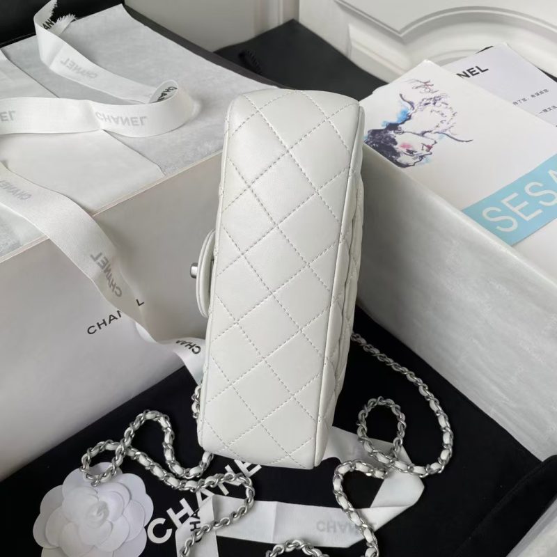 Chanel 23K AS1787 Mini Pearl Embossed Rectangular Flap Bag Lambskin Brushed Silver Metal Hardware White - Image 4