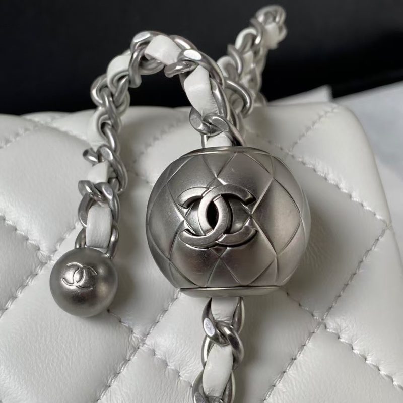 Chanel 23K AS1787 Mini Pearl Embossed Rectangular Flap Bag Lambskin Brushed Silver Metal Hardware White - Image 6