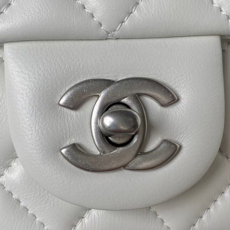Chanel 23K AS1787 Mini Pearl Embossed Rectangular Flap Bag Lambskin Brushed Silver Metal Hardware White - Image 3