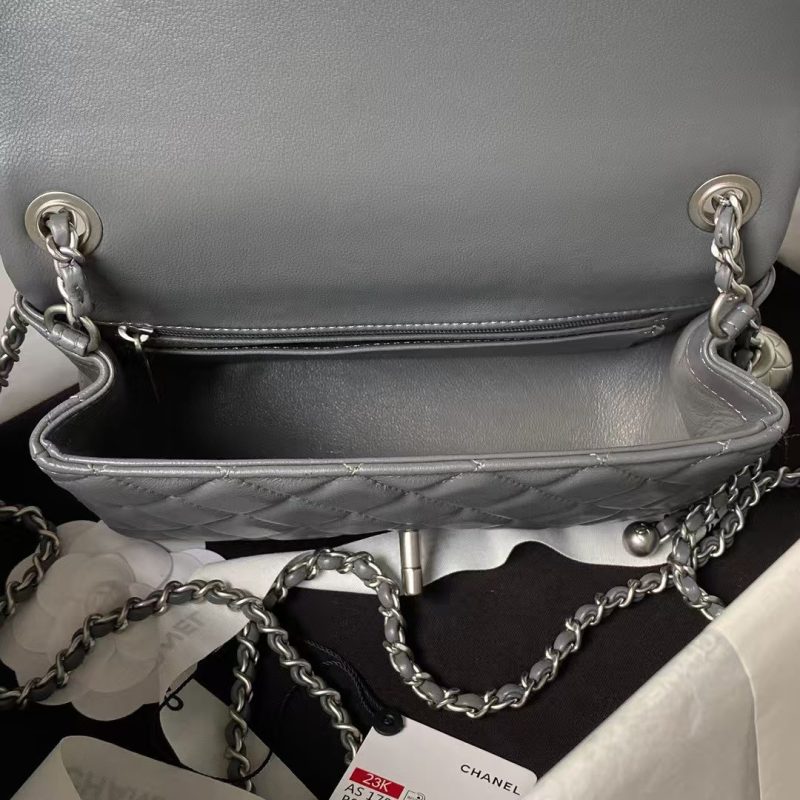 Chanel 23K AS1787 Mini Pearl Embossed Rectangular Flap Bag Lambskin Brushed Silver Metal Hardware Dark Grey - Image 6