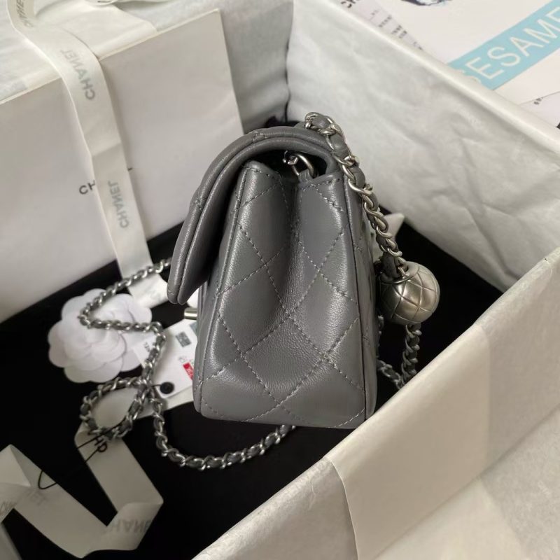Chanel 23K AS1787 Mini Pearl Embossed Rectangular Flap Bag Lambskin Brushed Silver Metal Hardware Dark Grey - Image 4