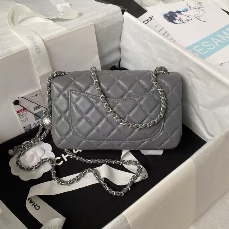 Chanel 23K AS1787 Mini Pearl Embossed Rectangular Flap Bag Lambskin Brushed Silver Metal Hardware Dark Grey - Image 2