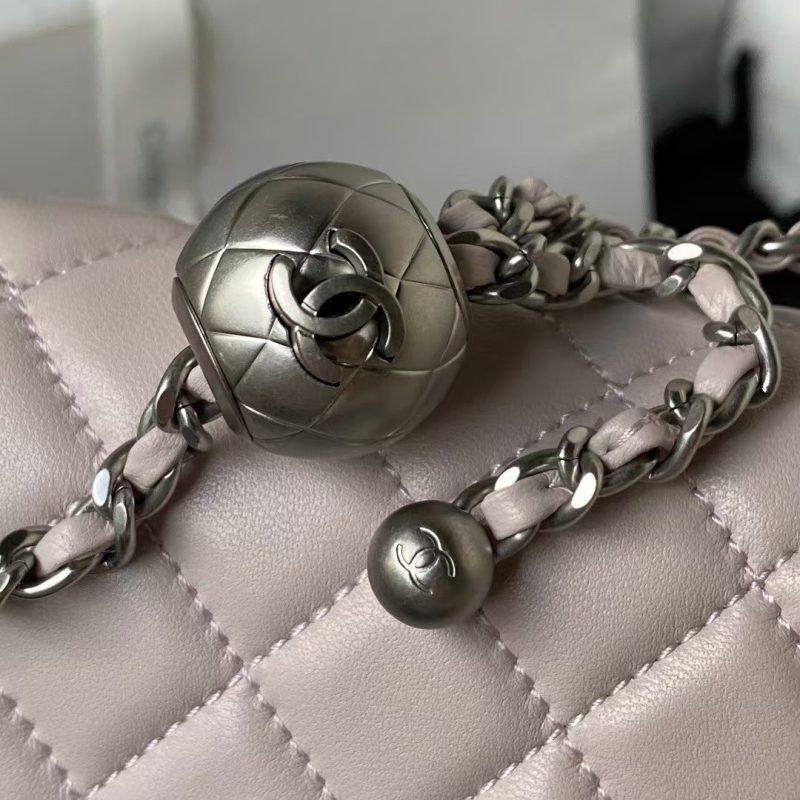 Chanel 23K AS1787 Mini Pearl Embossed Rectangular Flap Bag Lambskin Brushed Silver Metal Hardware Light Purple - Image 6