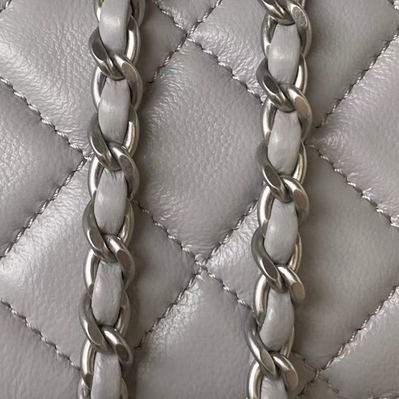 Chanel 23K AS1787 Mini Pearl Embossed Rectangular Flap Bag Lambskin Brushed Silver Metal Hardware Light Grey - Image 4