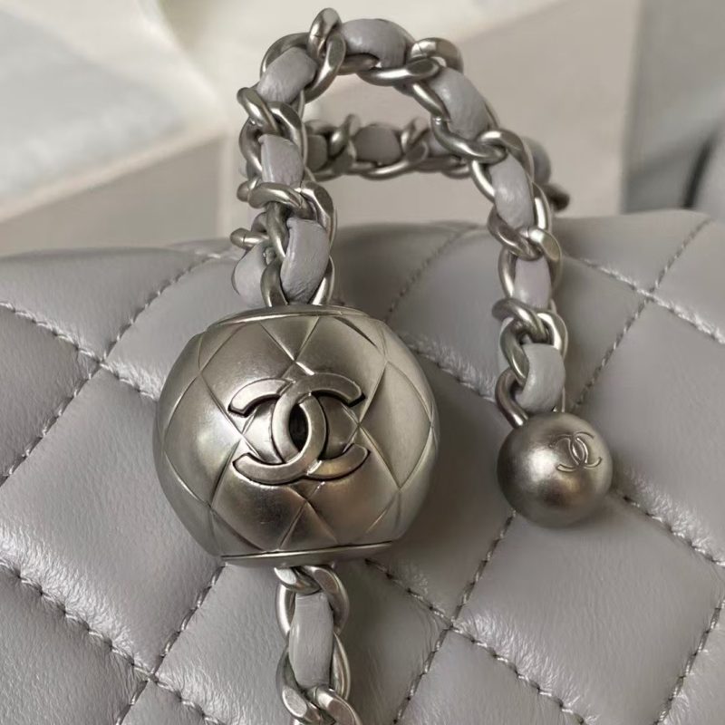 Chanel 23K AS1787 Mini Pearl Embossed Rectangular Flap Bag Lambskin Brushed Silver Metal Hardware Light Grey - Image 7