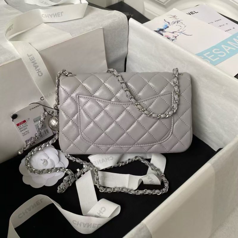 Chanel 23K AS1787 Mini Pearl Embossed Rectangular Flap Bag Lambskin Brushed Silver Metal Hardware Light Grey - Image 2
