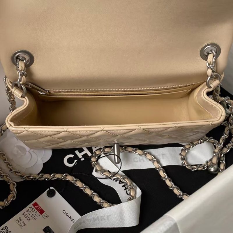 Chanel 23K AS1787 Mini Pearl Embossed Rectangular Flap Bag Lambskin Brushed Silver Metal Hardware Apricot - Image 6