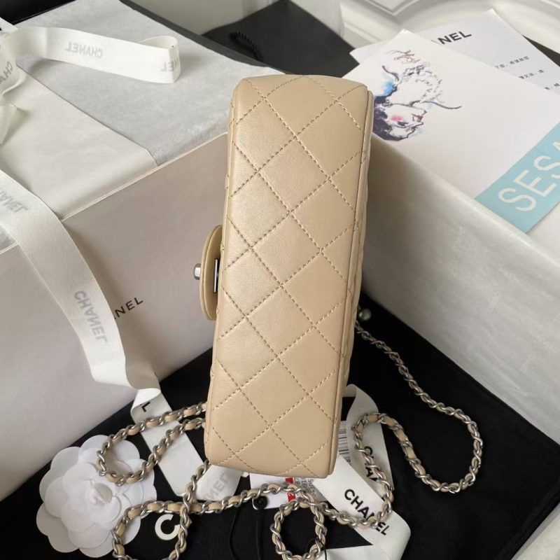Chanel 23K AS1787 Mini Pearl Embossed Rectangular Flap Bag Lambskin Brushed Silver Metal Hardware Apricot - Image 5