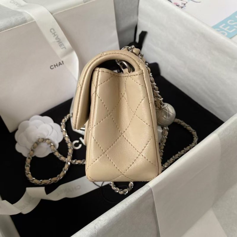 Chanel 23K AS1787 Mini Pearl Embossed Rectangular Flap Bag Lambskin Brushed Silver Metal Hardware Apricot - Image 4
