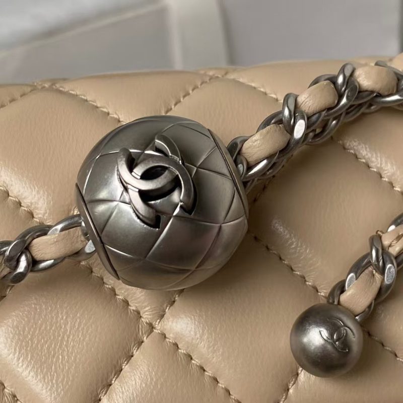 Chanel 23K AS1787 Mini Pearl Embossed Rectangular Flap Bag Lambskin Brushed Silver Metal Hardware Apricot - Image 7