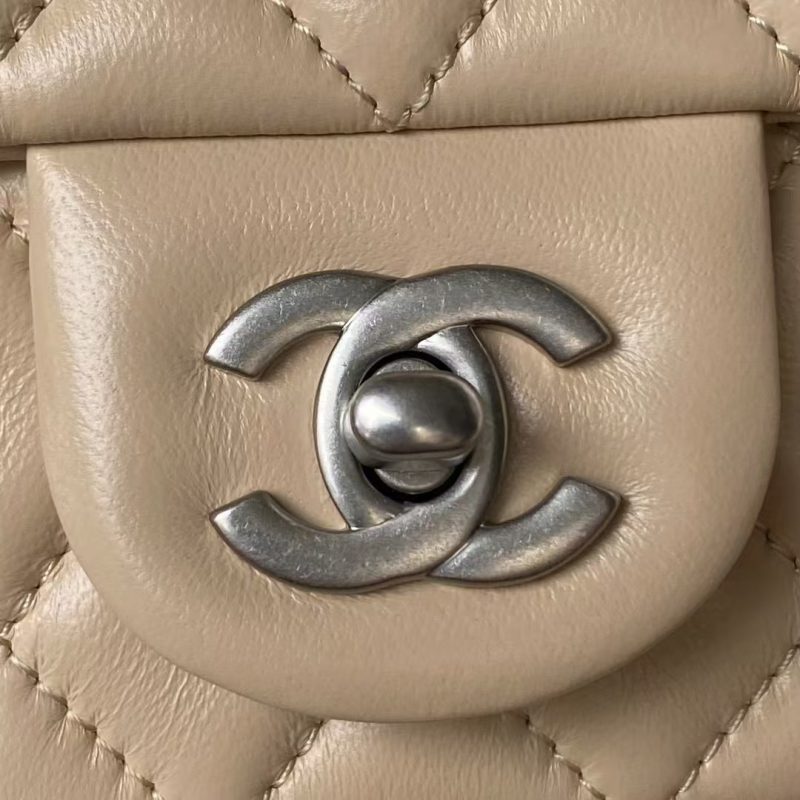 Chanel 23K AS1787 Mini Pearl Embossed Rectangular Flap Bag Lambskin Brushed Silver Metal Hardware Apricot - Image 3