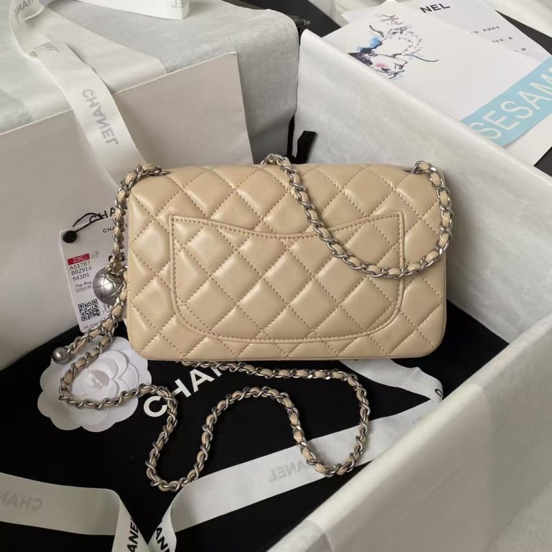 Chanel 23K AS1787 Mini Pearl Embossed Rectangular Flap Bag Lambskin Brushed Silver Metal Hardware Apricot - Image 2