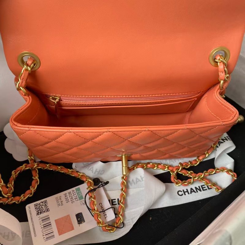 Chanel 23K AS1787 Mini Pearl Embossed Rectangular Flap Bag Lambskin Brushed Metal Hardware Orange - Image 5