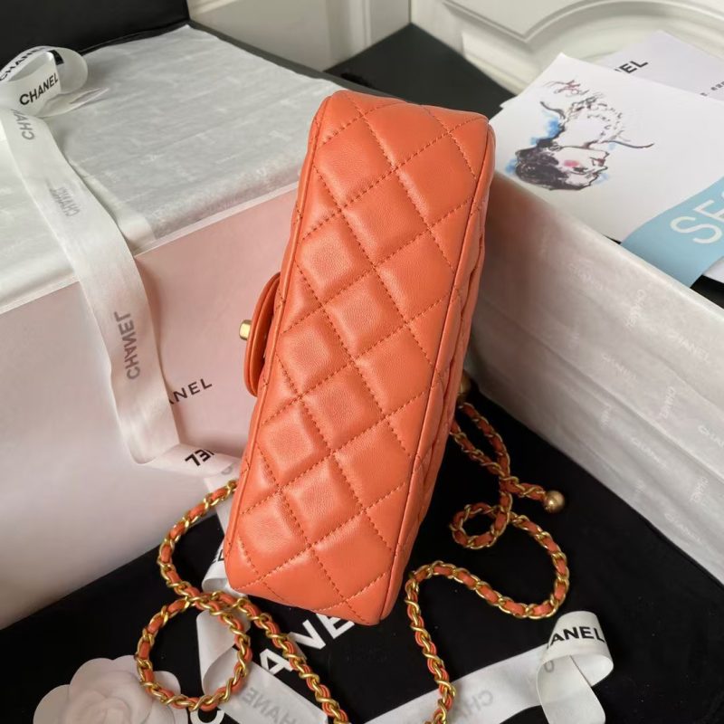 Chanel 23K AS1787 Mini Pearl Embossed Rectangular Flap Bag Lambskin Brushed Metal Hardware Orange - Image 4