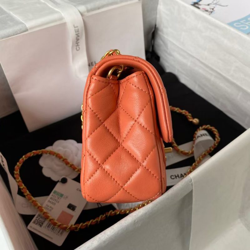 Chanel 23K AS1787 Mini Pearl Embossed Rectangular Flap Bag Lambskin Brushed Metal Hardware Orange - Image 6