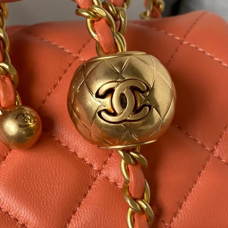 Chanel 23K AS1787 Mini Pearl Embossed Rectangular Flap Bag Lambskin Brushed Metal Hardware Orange - Image 7