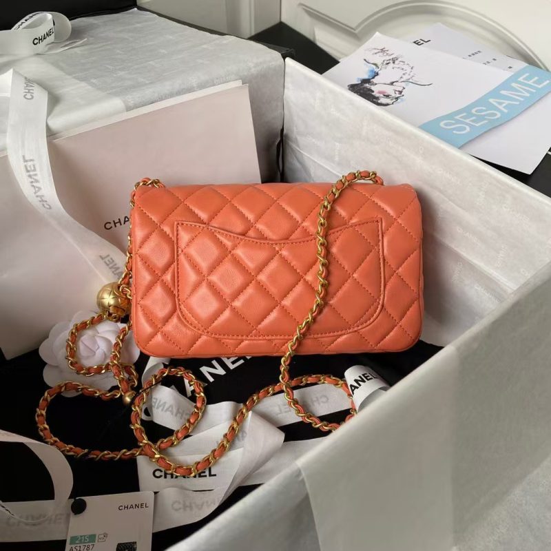 Chanel 23K AS1787 Mini Pearl Embossed Rectangular Flap Bag Lambskin Brushed Metal Hardware Orange - Image 2