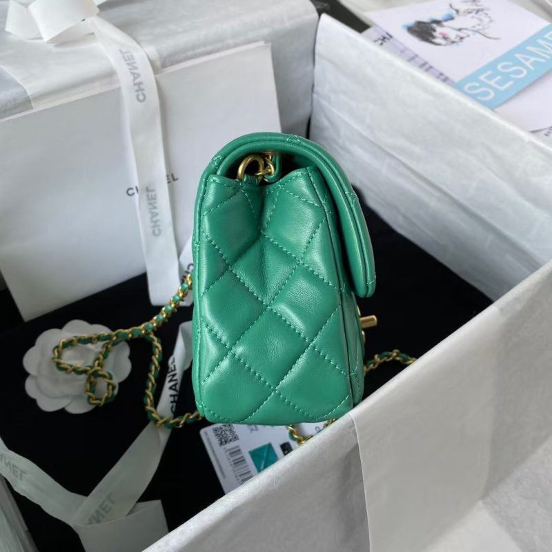 Chanel 23K AS1787 Mini Pearl Embossed Rectangular Flap Bag Lambskin Brushed Metal Hardware Green - Image 4
