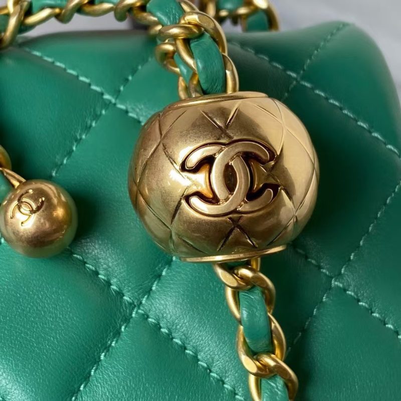 Chanel 23K AS1787 Mini Pearl Embossed Rectangular Flap Bag Lambskin Brushed Metal Hardware Green - Image 7