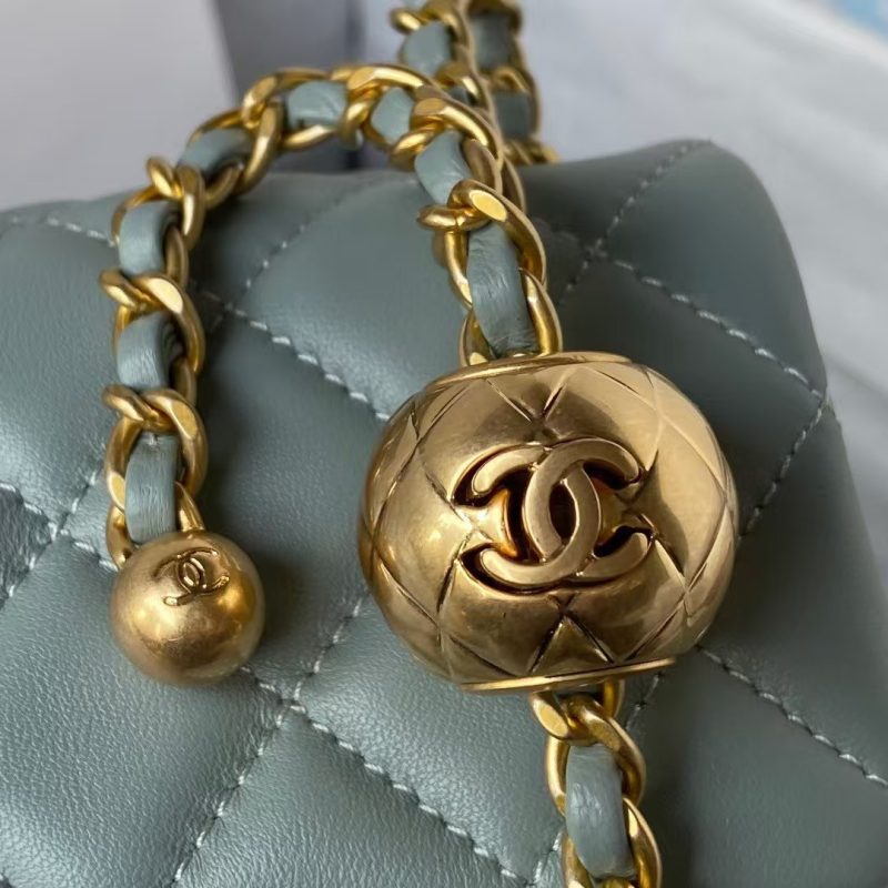 Chanel 23K AS1787 Mini Pearl Embossed Rectangular Flap Bag Lambskin Brushed Metal Hardware Light Blue - Image 7