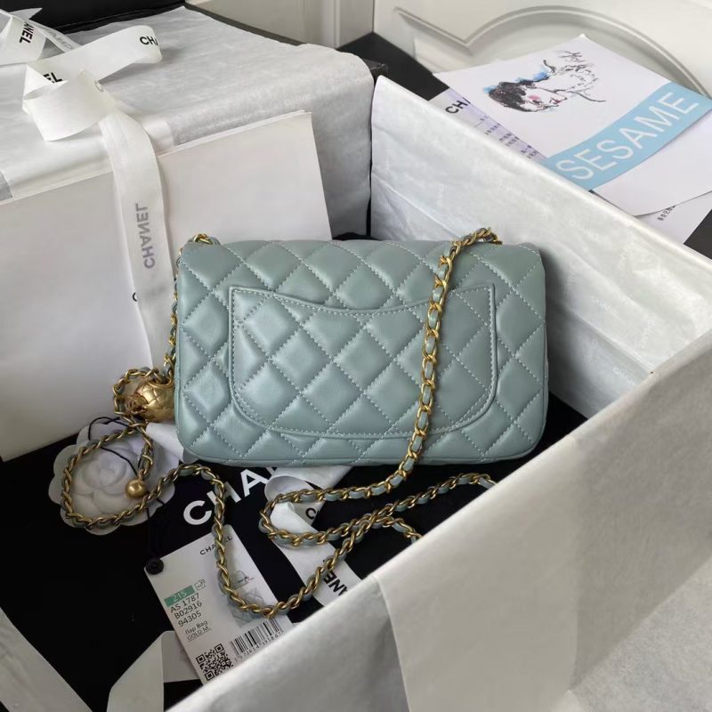 Chanel 23K AS1787 Mini Pearl Embossed Rectangular Flap Bag Lambskin Brushed Metal Hardware Light Blue - Image 2