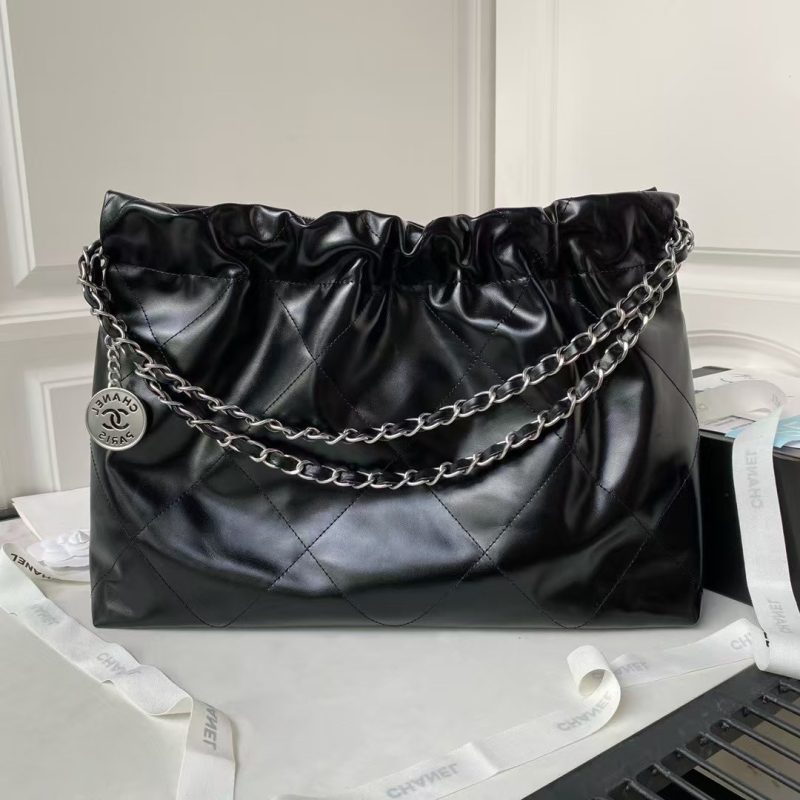 Chanel 22 Hobo Bag 24C AS4486 Silver Metallic Black Shiny Calfskin New Edition Horizontal - Image 2