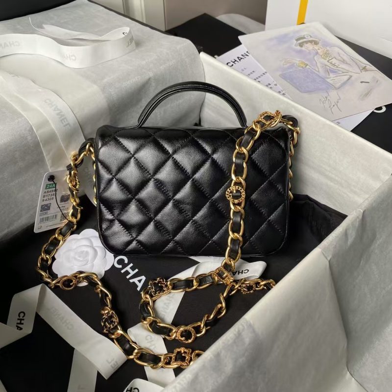 Chanel 24A AS4992 Mini Shiny Lambskin Flap Bag With Top Handle Black - Image 2