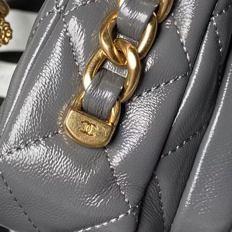 Chanel 24A AS4992 Mini Shiny Lambskin Flap Bag with Top Handle Grey - Image 6