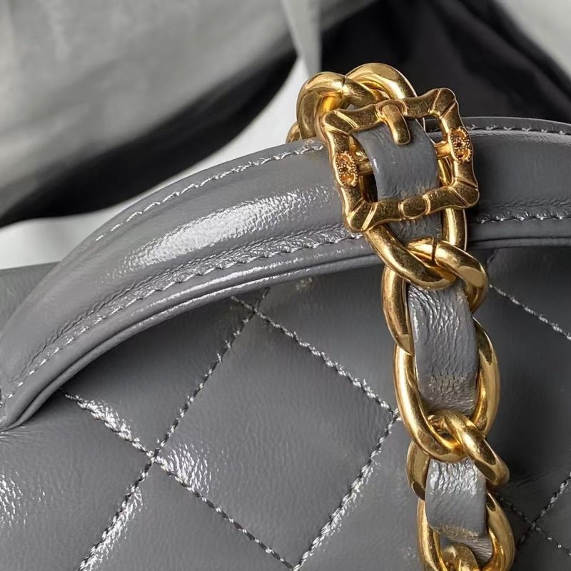 Chanel 24A AS4992 Mini Shiny Lambskin Flap Bag with Top Handle Grey - Image 4