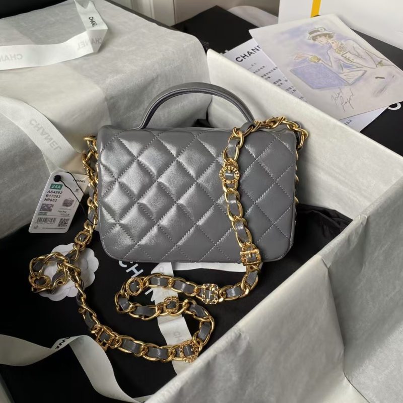 Chanel 24A AS4992 Mini Shiny Lambskin Flap Bag with Top Handle Grey - Image 2
