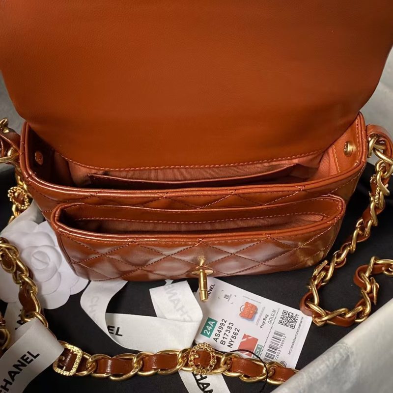 Chanel 24A AS4992 Mini Shiny Lambskin Flap Bag with Top Handle Brown - Image 4