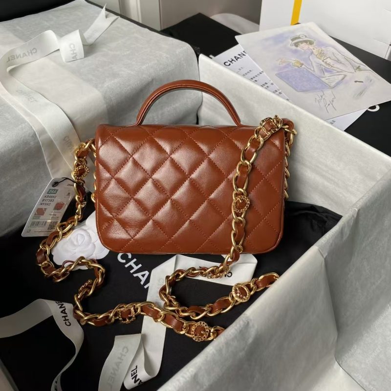 Chanel 24A AS4992 Mini Shiny Lambskin Flap Bag with Top Handle Brown - Image 2