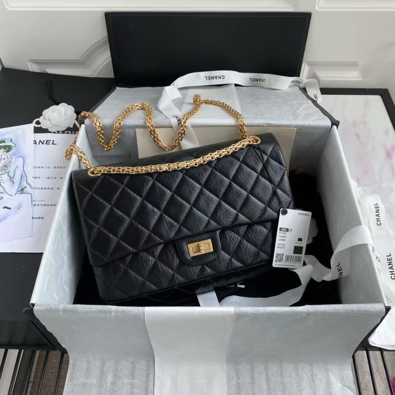 Chanel 23A A37587 Classic Large 2.55 Flap Bag Black Aged Calfskin Gold Metal Hardware