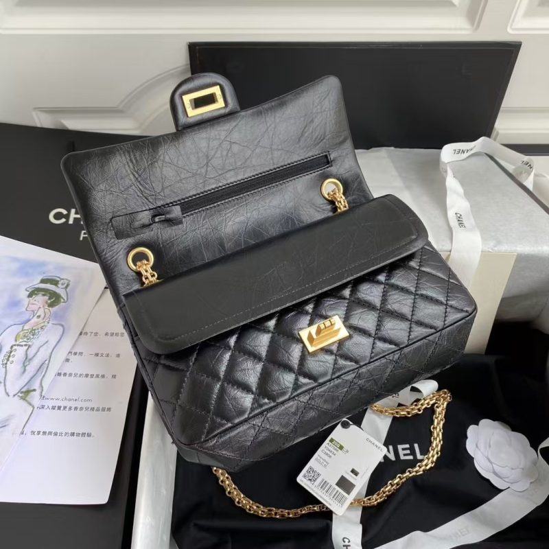 Chanel 23A Classic Medium 2.55 Flap Bag Black Distressed Calfskin Gold Hardware - Image 4