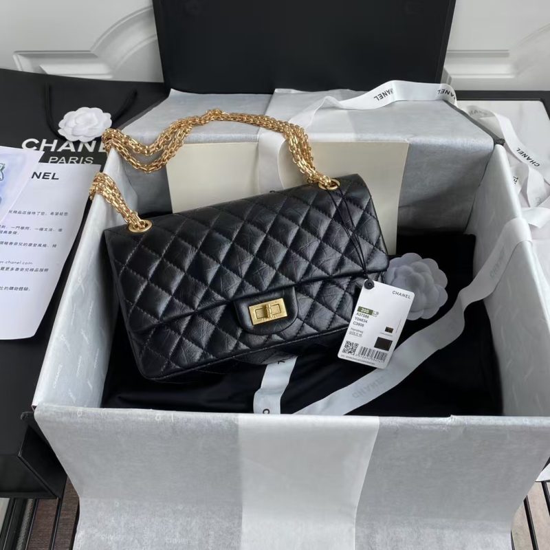 Chanel 23A Classic Medium 2.55 Flap Bag Black Distressed Calfskin Gold Hardware