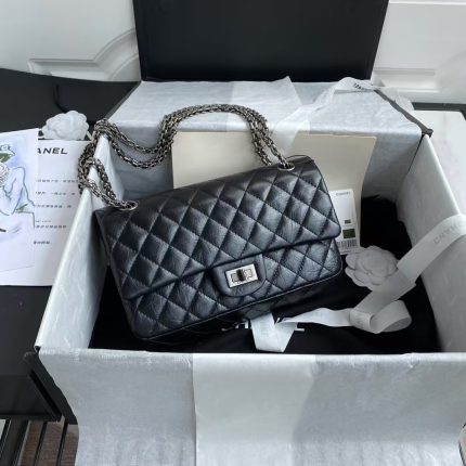 Chanel 23A Classic Medium 2.55 Flap Bag Black Distressed Calfskin Ruthenium Hardware
