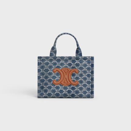 SMALL CABAS THAIS IN DENIM WITH TRIOMPHE ALL-OVER AND CALFSKIN DENIM / SILVER